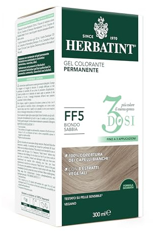 Herbatint Gel colorante permanente, 3 dosis, 300 ml, permanente 3 dosis, FF5, rubio arena, sin amoniaco, para pieles sensibles, cobertura 100% para cabellos blancos, con 8 extractos naturales