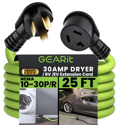 GEARit 30 Amp (25 Feet) 3 Prong Dryer Extension Cord NEMA 10-30P to 10-30R STW 10AWG/3 Heavy Duty, RV EV Charging Cable 125/250V