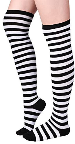 Blulu Gestreifte Damen Socken Hoch Kniestrümpfe (Schwarz-Weiß, Feiner Streifen)