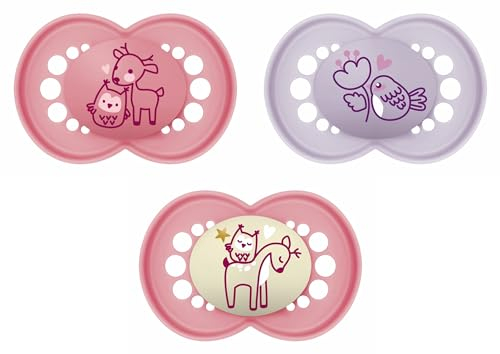 MAM Schnuller-Set, 3 Stück, Tag und Nacht, ab 6 Monaten, mit symmetrischem Sauger, flach und flexibel, aus Silikon, MAM Original, mattes Rosa, 3 Stück