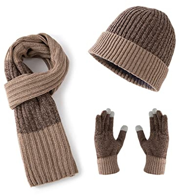 Lallier Inverno 3 Pezzi Cappello di Lana Sciarpa Guanti Touchscreen Set, Caldo Beanie Cappello Teschio Sciarpa Guanti Termici Set per Uomo (Marrone)