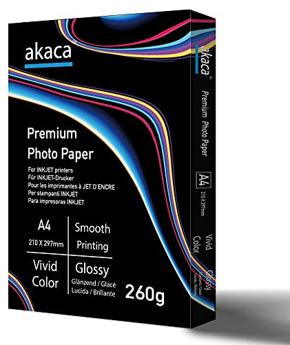 akaca Carta Fotografica Lucida Premium Glossy Photo Paper, A4 (210 x 297 mm), 50 Fogli, 260g