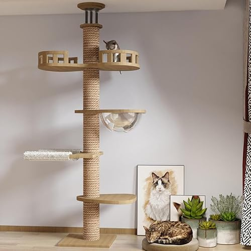 Large Cat Tree 8-Tier Floor to Ceiling Tower Height Adjustable， Space Capsule Jumping Platform ，Natural Sisal Rope Scratching Post, Cozy Bed，Interactive Toy for Indoor Large Cats (L)