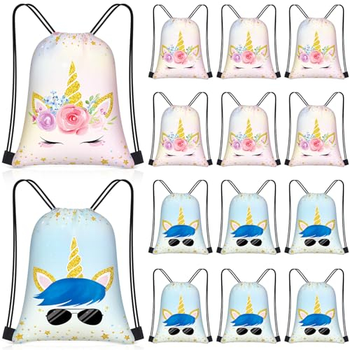Censen Juego de 24 bolsas con cordón a granel de 12 x 10 pulgadas, bolsas de playa impermeables para niñas, niños, regalos, fiestas, suministros de gimnasio (estilo unicornio)