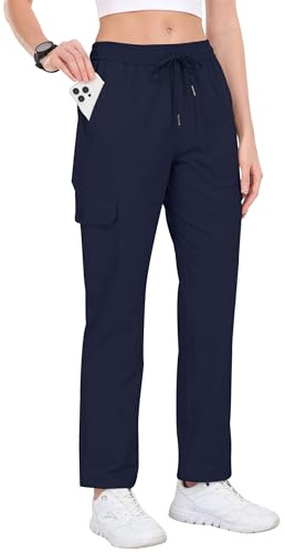 JINSHI Pantalon de Randonnée Imperméable Femme Été Pantalon Cargo Jogging Léger Séchage Rapide Taille Elastique Pantalon de Décontracté Extérieur Montagne Bleu marineTaille S