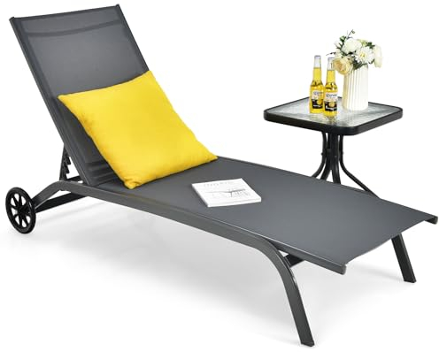 KOMFOTTEU Sonnenliege mit Rädern & Verstellbarer Rückenlehne, Gartenliege wetterfest, Strandliege auf Rädern bis 150kg, Relaxliege Liegestuhl für Garten, Balkon, Terrasse (Grau)