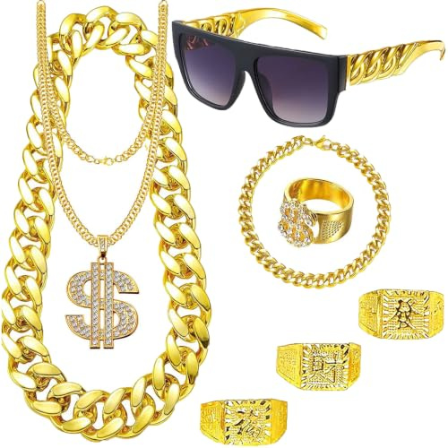 DONGZQAN 8 stycken gangster halljacka kostym guldkedja karneval, hip hop rappare kostym, 80-tals outfit män, dollar kedja/stor gyllene kedja/dollar ring/gyllene armband