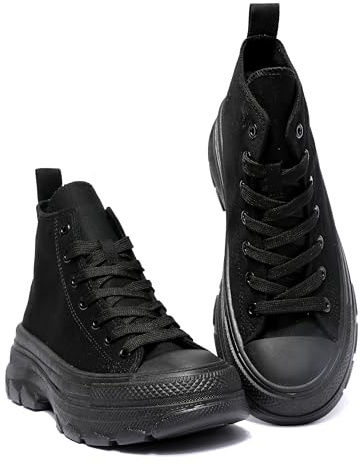 Nexsus Plus Ladies Women Chunky Sole Lace Up High Top Canvas Casual Trainers Sneakers Walking Gym Shoes Size UK3-9 (All Black, UK Footwear Size System, Adult, Women, Numeric, Medium, 8)