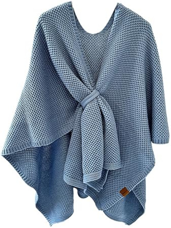 Scialle invernale da donna, cardigan aperto sul davanti, elegante mantello lavorato a maglia per autunno inverno (Blue,One Size)
