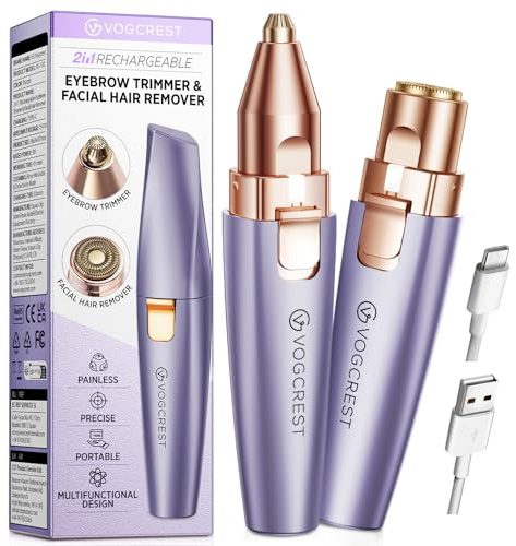 VG VOGCREST Recortador facial de cejas: 2 en 1, recargable, depilación facial y afeitadora de cejas, afeitadora facial sin dolor para cara, labios y cuerpo, con luz LED integrada (Morado)
