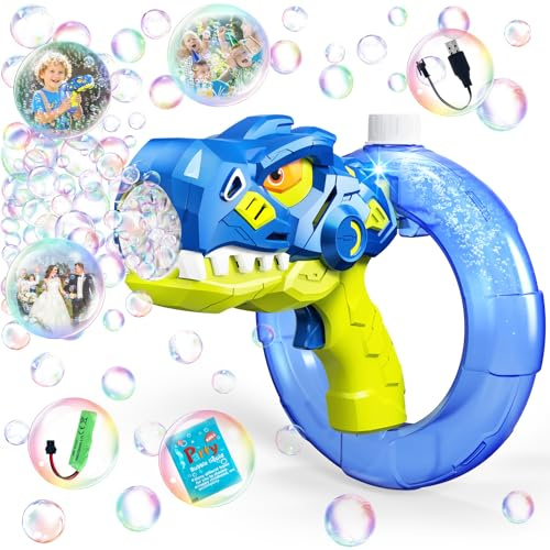 Pistola a Bolle per bambini Dinosauro Ricaricabile Giocattolo All'aperto Soffiatore di Bolle Regalo di Compleanno, Matrimonio e Feste per Bambini 3 4 5 6 7 Anni (Blu)