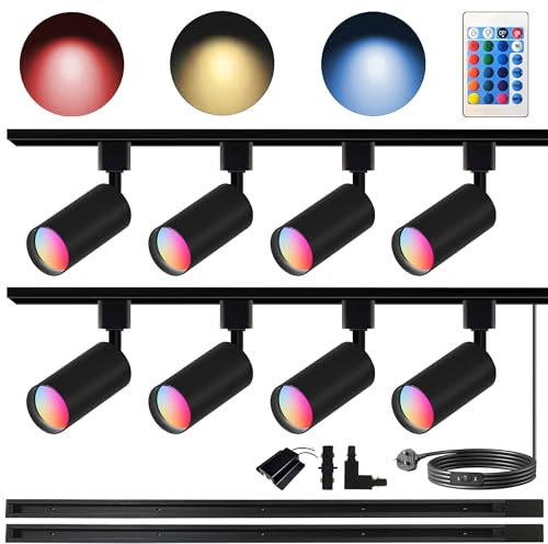 Bravsekai GU10 16-Color RGB Track Lighting Kit, 8-Pack Colour-Changing Spotlights with 2x1.5M H-Rail, IR Remote RGB Track Lights for Living Room, Home Parties, Nightclubs, Bars