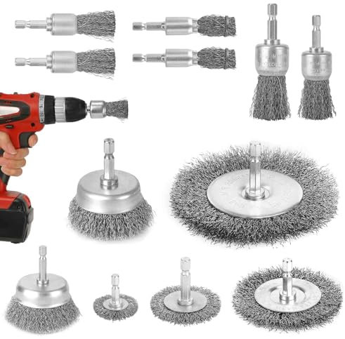 12 PCS Drill Wire Brush Set, Wire Brush for Drill - 1/4 inch Hex Shank, High Carbon Steel Wire Wheel for Drill, Ideal for Rust, Paint, Wood Cleaning & Stripping, Drill Attachment Set