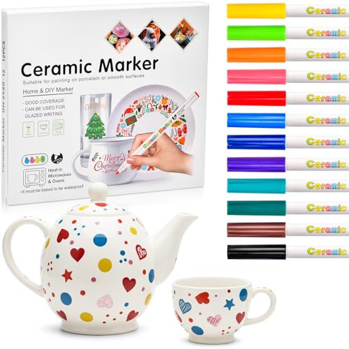 XULIERUX 12-Farben Keramik Bemalen Set, Wasserfest 1.0mm, Porzellanstifte Spülmaschinenfest, Ideal Zum Keramik, Glas & Steine Bemalen