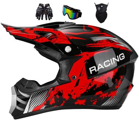 Casque Moto Enfant, Casque De Cross pour Jeunesse Casques De Moto, Casque Cycliste pour Enfants,Garçon Et Fille Scooter De Ski VTT Casque, avec Gants Lunettes Masques(Red,XL(58-59CM))