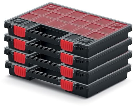 PECZEKO Sortimentskasten mit herausnehmbaren roten Fächern ideal für Kleinteile, Werkzeug und Organisation Kunststoff (4er-Set) 35cm