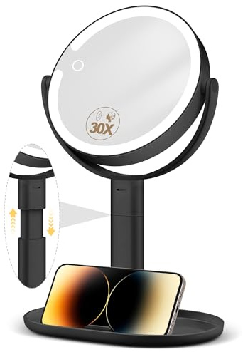 MOMOKUBA Specchio cosmetico con illuminazione – Specchio da trucco regolabile in altezza da 7 con illuminazione, ingrandimento 30x per camera da letto e bagno, double face, 3 colori, 64 LED, nero