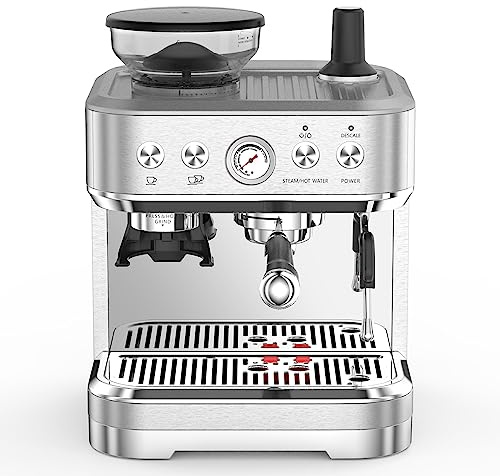 PortoAlegre Machine à café expresso avec broyeur à grains 15 bars, moulin conique 15 réglages, buse vapeur 360°, réservoir 2,3L, PID contrôle de température, accessoires inclus