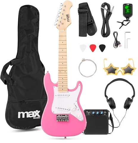 MAX GigKit Junior 1/4 – Guitarra eléctrica infantil con amplificador, funda, afinador, púas y accesorios – kit guitarra y amplificador ideal para niños y niñas de 3 a 7 años – color rosa