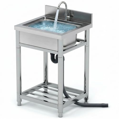 Fregadero de acero inoxidable de alta resistencia, cubeta de servicio integrada con protección, estante de almacenamiento inferior y patas ajustables, lavabo profesional para escuelas