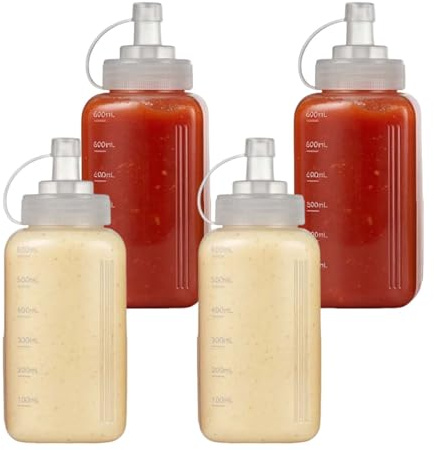 Hoxfly Botella de Salsas Exprimible, 4 Piezas de 600 mL, Dispensador de Salsas sin BPA, Antifugas, Bote para salsas, para Condimentos, Mayonesa, Mostaza, Salsa de Tomate, Picante, Cocina y Postres