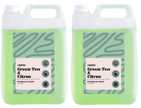 Liquipak Vegan Washing Up Liquid Refill – Green Tea & Citrus, 2x5 Litres. 100% vegan & cruelty-free, removes tough stains and grease with ease, fresh citrus scent.