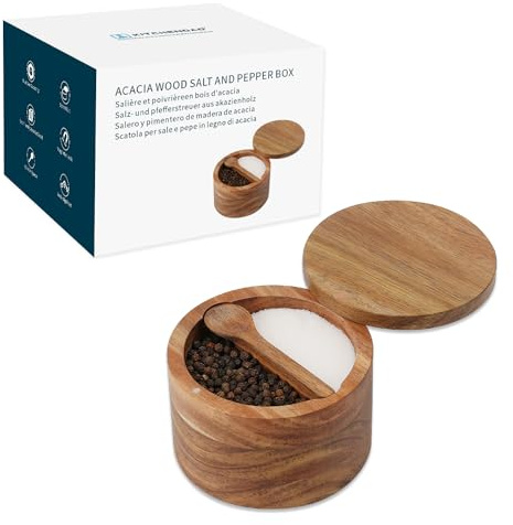KITCHENDAO Acacia trä salt och peppar skål låda, inbyggd sked, två fack kryddbehållare, havssalt källarhållare, inbyggd sked, magnetiskt svängbart lock, dubbel 142 ml kapacitet