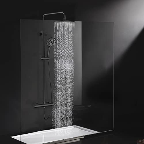 Rainsworth Duschsystem mit Thermostat Schwarz, Duscharmatur Komplettset mit 25cm Rund Regendusche Duschkopf, 3 Strahlarten Duschkopf, 92-126 cm Höhenverstellbar, Regendusche mit Armatur, Duschset