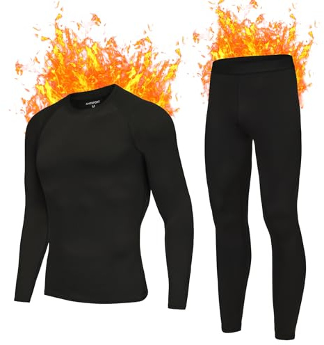 AMZSPORT Conjunto de Ropa Interior Térmica Negra para Hombres, Conjunto Invernal Ideal para Esquiar y Correr, Incluye Ropa Interior Funcional Transpirable y un Pantalón Térmico, Negro L