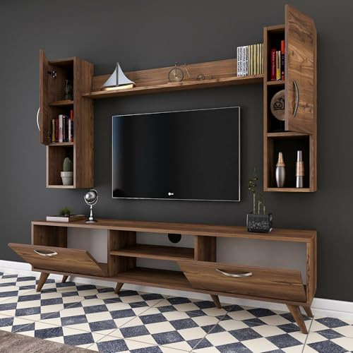 Dmora - Parete attrezzata Lucifer, Composizione soggiorno, Mobile salotto multiuso, Armadio porta TV, 180x35 h49 cm, Noce