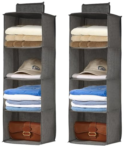 Minnhua 2 Pack Hanging Storage with 4 Shelves Hanging Wardrobe Organiser Foldable Wardrobe Storage Organiser for Clothes Hats Towels Toys(Grey)