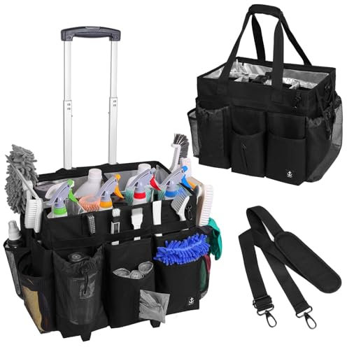 Timoxi Cleaning cart with Detachable, Foldable Trolley Rolling Cleaning Bag for Housekeeping Cleaning caddy with Adjustable Shoulder Strap and Multiple Storage Pockets (Black)