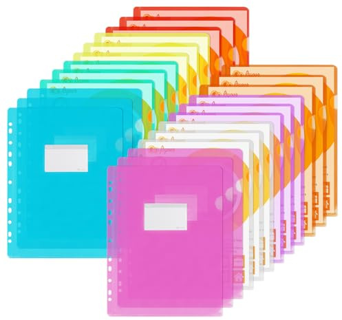 Agoer 24 Pochettes à Coin en Plastique, Pochette Perforées Plastique A4 avec Etiquette, Chemise Plastiques en 8 Couleurs Vives Transparent pour Ranger et Classer Papiers pour Bureau, Ecole, 31 x 22 cm