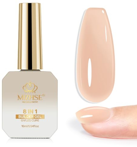 MIZHSE Nail Builder Gel, UV Builder Gel for Nails, Building Gels in a Bottle, Extension Strengthener Base Coat Polish Nail Tips Glue, 8-in-1 Gels,16ML,Nude