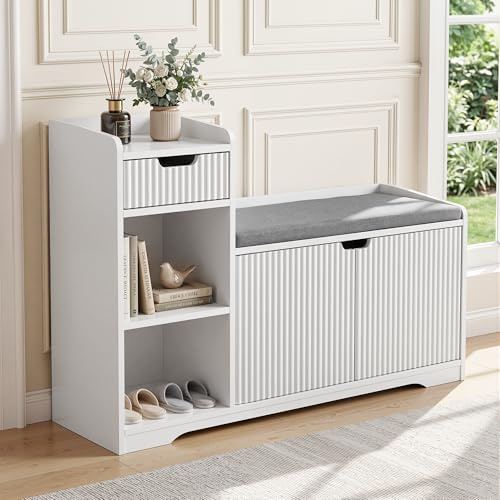 BonVache Banc à Chaussures avec Tiroir et Portes de Rangement, Meuble d'Entrée avec Cloison Réglable, Hauteur Réglable, MDF, Coussin Gris Clair, 100 x 35 x 72 cm, Blanc