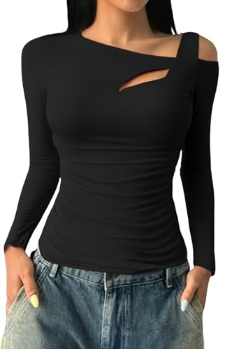ZTFYKLIN Camiseta Deporte Mujer Camisa De Manga Larga para Mujer, Acanalado, Cuello Asimétrico, Tops Larga, Ajustados Sexys, Básicos Casuales (Black, XXL) Blusas Elegantes Invierno Camisas Blusa