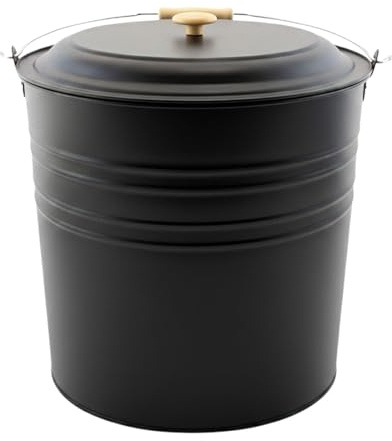 12L Metal Ash Bucket – Black Coal Bucket Fireside Storage Bin, Heavy Duty Fireplace Ash Container, Wide Opening Log Burner Coal Scuttle with Wooden Handle, Heat Resistant