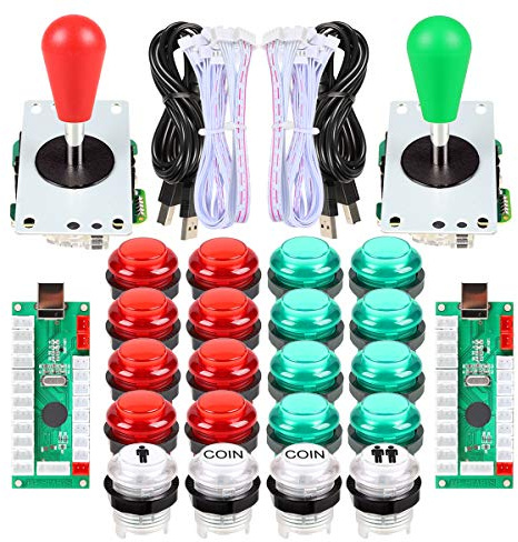 EG STARTS 2 Piezas de Arcade LED para Jugadores DIY Codificador USB 2X Elipse Óvalo Joystick de Estilo 20x Botones de Arcade LED para PC Sistema de Windows Raspberry Pi MAME (Rojo & Verde)