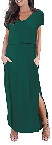 Smallshow Women's Maternity Nursing Dress Split Long Breastfeeding Clothes Deep Green XL