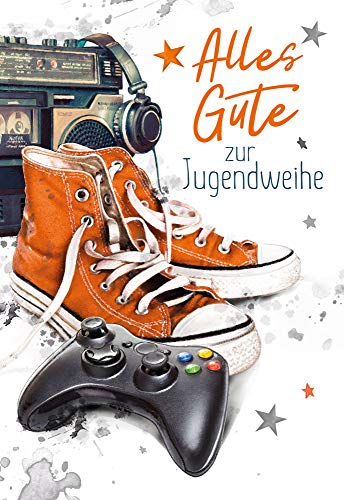 KE - Moderne Glückwunschkarte zur Jugendweihe für Jungen & Mädchen, Karte zur Jugendfeier, DIN B6 Format, inkl. Umschlag, hochwertig & stilvoll, Motiv: Spielekonsole
