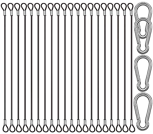 CKANDAY - Juego de 20 clips de seguridad de acero inoxidable de 15 cm con 4 mosquetones de resorte, cable de alambre de acero con hebillas, revestimiento de vinilo, cadena de seguridad corta, cordón