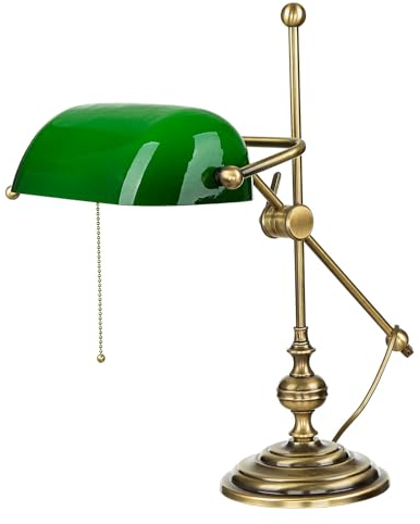 Licht-Erlebnisse Bankerlampe aus Echt-Messing bronziert Premium Qualität Glas Schirm grün verstellbar für Arbeitszimmer Wohnzimmer Bibliothek Bankerleuchte Tischlampe