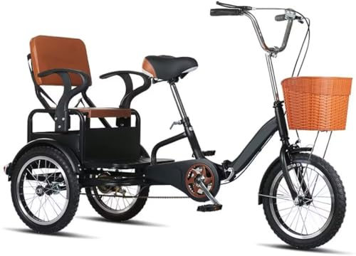 Zusammenklappbares Dreirad für ältere Menschen, Rikscha-Pedal-Dreirad für Erwachsene, Freizeit-Mobilitätsfahrzeug, 16-Zoll-Tandem-Dreirad mit Rücksitz, empfindliche Doppelbremsen, Rollerfahrrad