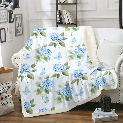 Erosebridal Blue Hydrangea Floral Sherpa Blanket, Cute Butterfly Throw Blanket for Chair, Green Leaves Fleece Blanket, Spring Floral Plush Blanket Girls Bedroom Decor, 40x50