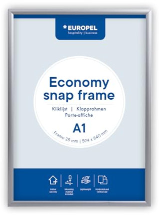Europel Economy Klapprahmen, A1, Farbe Silber, Profil 25 x 11 mm, für Poster 59,4 x 84,1 cm, eloxiertes Aluminium, Antireflexfolie, Anzeige von Werbung, Hotel, Büro, Restaurant, Speisekarten