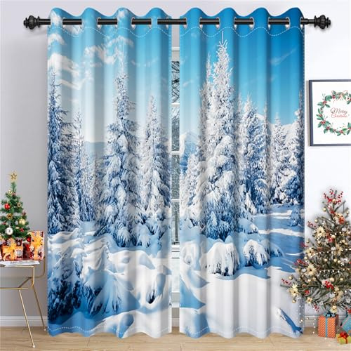 Ttincceer Vinterskog mörkläggningsgardin för vardagsrum 3D snöland natur landskap fönsterbehandlingar tung snötäckt tall skog kallisolerat sovrumsdraperier 2 paneler 117 x 229 cm