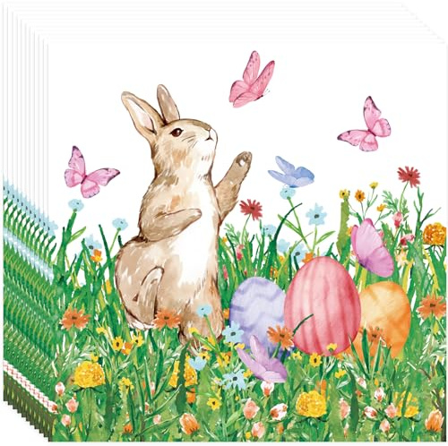 Lot de 40 serviettes de Pâques avec lapin de Pâques, motif fleurs de printemps, parfaites pour la décoration de table de Pâques, les fêtes et la décoration, jetables
