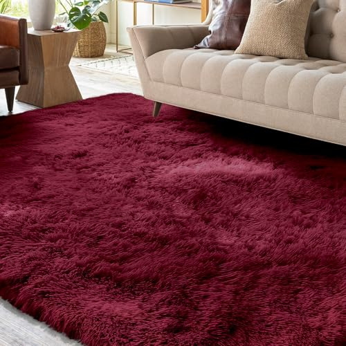 XSIVOD Tappeto Salotto 80x160 Tappeto Camera da Letto Moderno e Morbido per Soggiorno a Pelo Alte Lavabile Fluffy Uni Effetto Pelliccia Senza Tempo Elegante Antiscivolo Facile da Pulire, Vino rosso