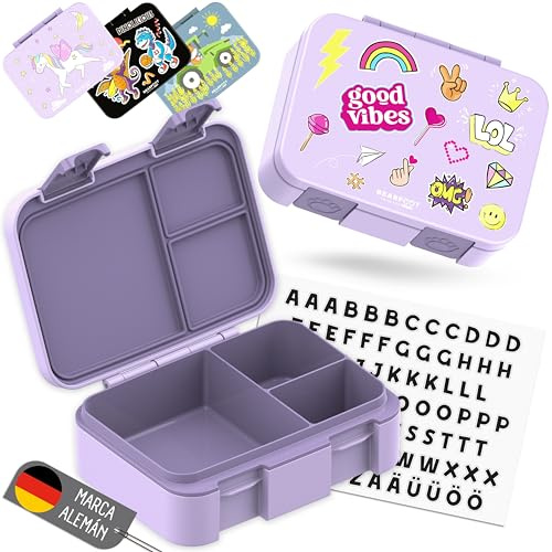 BEARFOOT – Fiambrera Infantil Compacta, Bento Box para Niños sin BPA, Lonchera con Compartimentos para Colegio y Guardería, Ligera y Hermética (Sticker Morado, 650 ml)