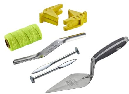 Ragni Bricklaying Accessory Pack 2, Masonry Tools Set with Solid Forged Line Pins, Nylon Braided Brick Line, Rubberised Corner Blocks Blocks, Brick Jointer and 6 Pointing Trowel